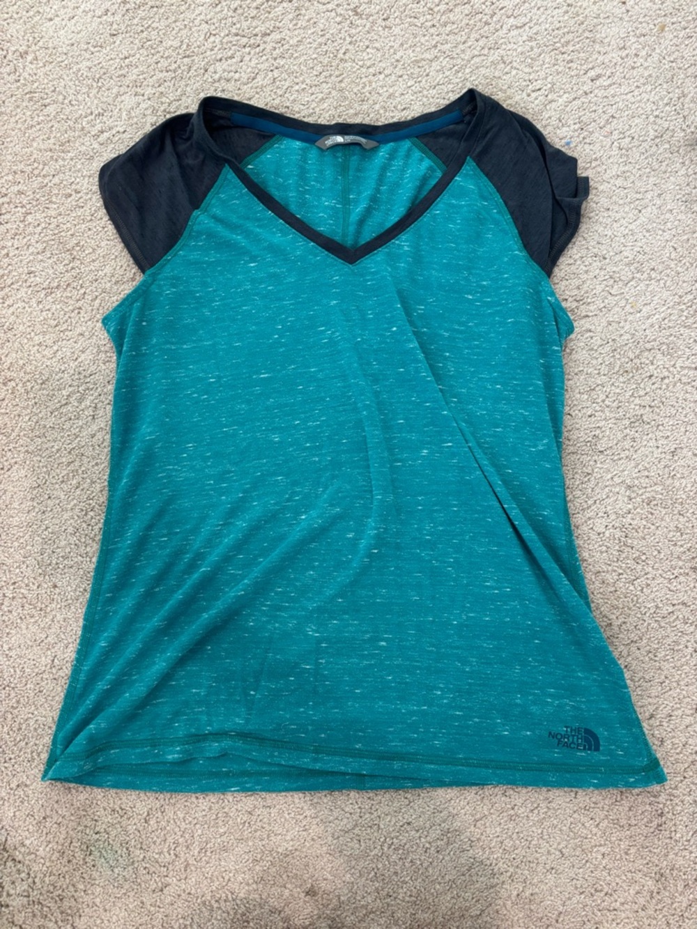 The North Face Teal V-Neck Short Sleeve Raglan Top with Black Sleeves
